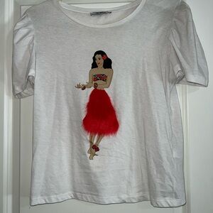 White T-Shirt with Red Skirt Graphic